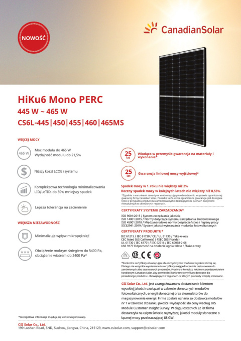CanadianSolar HiKu6 CS6L-MS Mono PERC 455W Black frame CanadianSolar HiKu6 CS6L-MS Mono PERC 455W Black frame