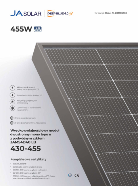 JA SOLAR JAM54D40 BIFACIAL 450W LB Czarna rama MC4 (N-Type) JA SOLAR JAM54D40 BIFACIAL 450W LB Czarna rama MC4 (N-Type)