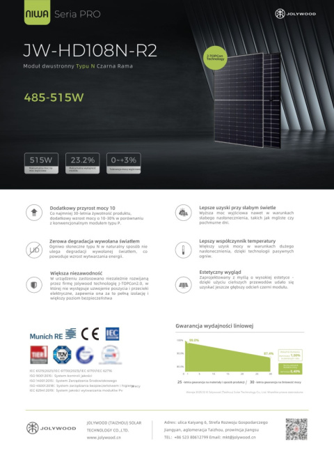 JOLYWOOD JW-HD-108N-500W R2 BIFACIAL Czarna Rama (N-type) JOLYWOOD JW-HD-108N-500W R2 BIFACIAL Czarna Rama (N-type)