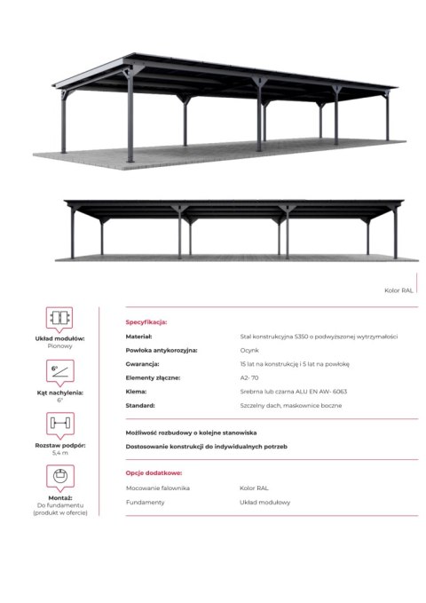 Wiaty / Carport U1 z konstrukcją pod PV (Rozstaw podpór 5,4m) Wiaty / Carport U1 z konstrukcją pod PV (Rozstaw podpór 5,4m)