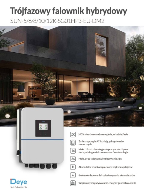 DEYE Falownik hybrydowy SUN-10K-SG01HP3-EU-DM2 3-fazowy (wysokonapięciowy)