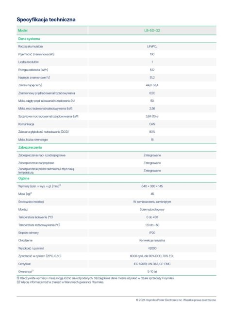 HOYMILES Bateria LB-5D-G2 51.2V 100Ah 5.12kWh (niskonapięciowy)