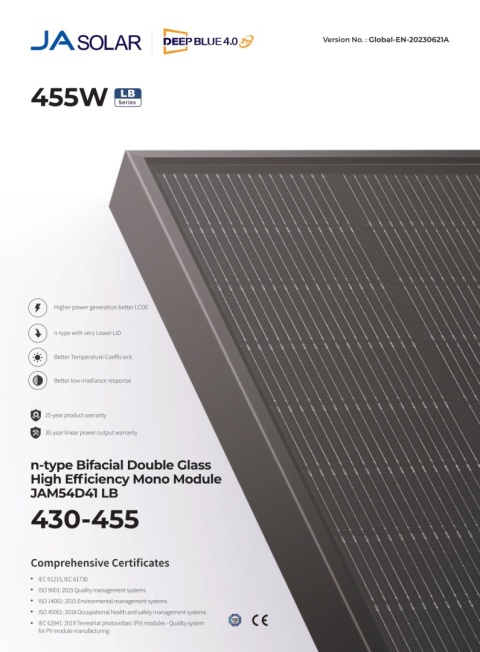 JA SOLAR JAM54D41 BIFACIAL 445W LB Full black MC4 (N-Type) JA SOLAR JAM54D41 BIFACIAL 445W LB Full black MC4 (N-Type)