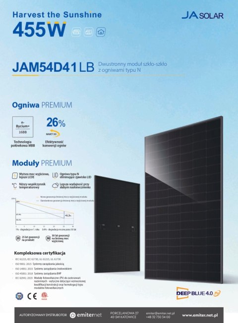 JA SOLAR JAM54D41 BIFACIAL 450W LB Full black MC4 (N-Type) JA SOLAR JAM54D41 BIFACIAL 450W LB Full black MC4 (N-Type)