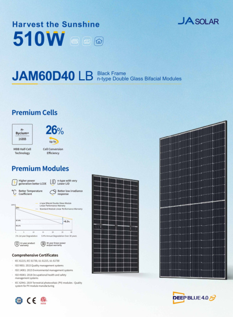JA SOLAR JAM60D40 BIFACIAL 500W LB Czarna rama MC4 (N-Type) JA SOLAR JAM60D40 BIFACIAL 500W LB Czarna rama MC4 (N-Type)