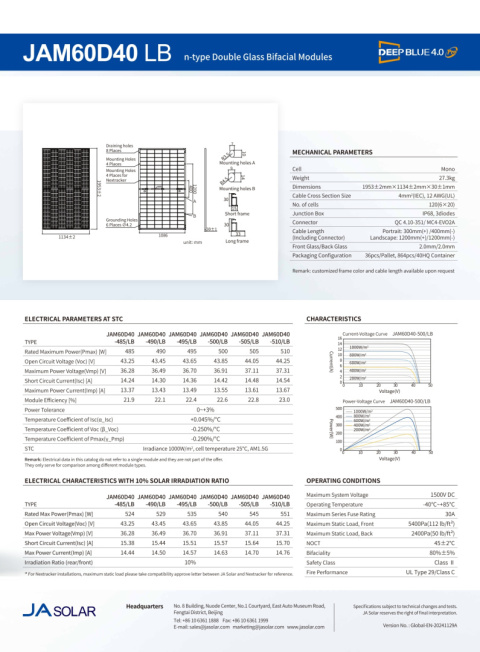 JA SOLAR JAM60D40 BIFACIAL 500W LB Czarna rama MC4 (N-Type) JA SOLAR JAM60D40 BIFACIAL 500W LB Czarna rama MC4 (N-Type)