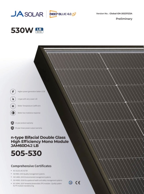 JA SOLAR JAM60D42 BIFACIAL 530W LB Czarna Rama (N-Type) MC4