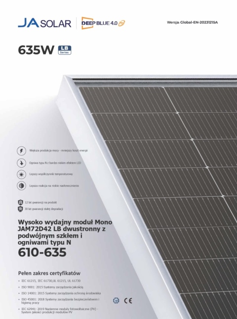 JA SOLAR JAM72D42-630W LB BIFACIAL (N-Type) MC4-EVO2