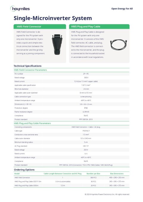 HOYMILES FLEX-S3 Kabel (3mtr) Plug and Play CEE7/7-3 do HMS konektor