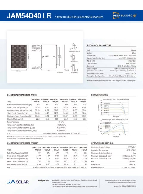 JA SOLAR JAM54D40 460W LR Czarna rama MC4 Monofacial (N-Type)