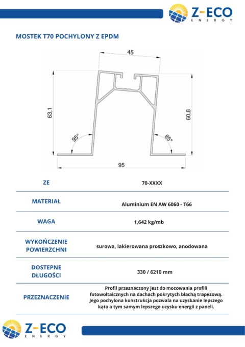Mostek Trapezowy pochylony Wys=63mm L:400mm z EPDM