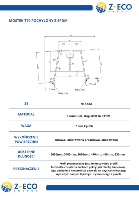 Mostek Trapezowy pochylony Wys=70mm L:400mm bez EPDM