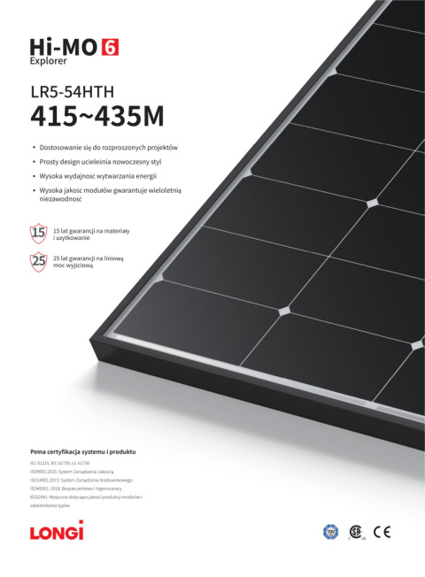 LONGI SOLAR LR5-54HTH 430W (HIMO6) Czarna rama LONGI SOLAR LR5-54HTH 430W (HIMO6) Czarna rama